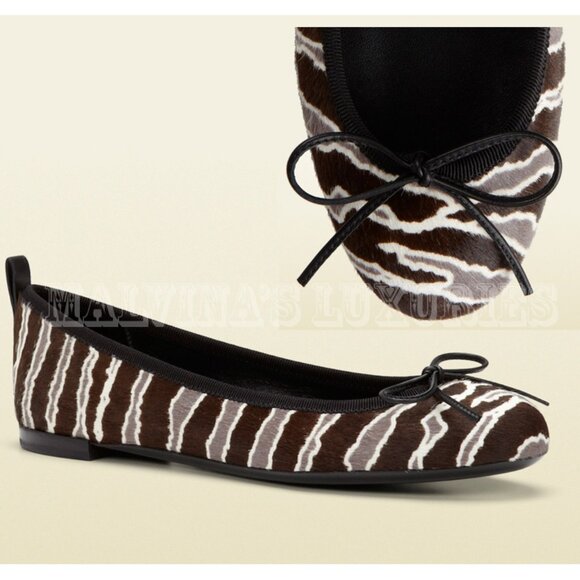 GUCCI SHOES BALLET FLATS PONY HAIR BOW DETAIL ANIMAL PRINT sz 35.5 / 5.5 - Picture 1 of 14